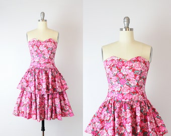 vintage strapless floral dress / LAURA ASHLEY floral dress / peplum skirt dress / pink chintz floral dress / Everbloom dress