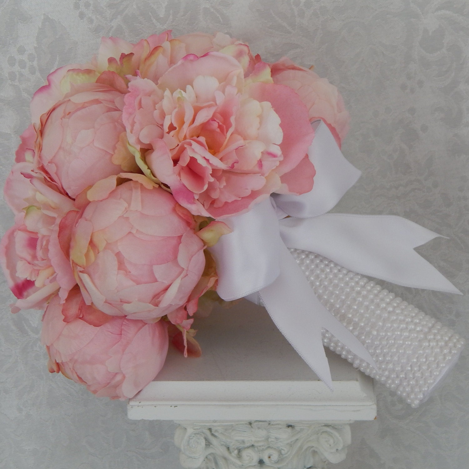 Blush Pink Peony Bouquet With Pearl Handle Wedding.