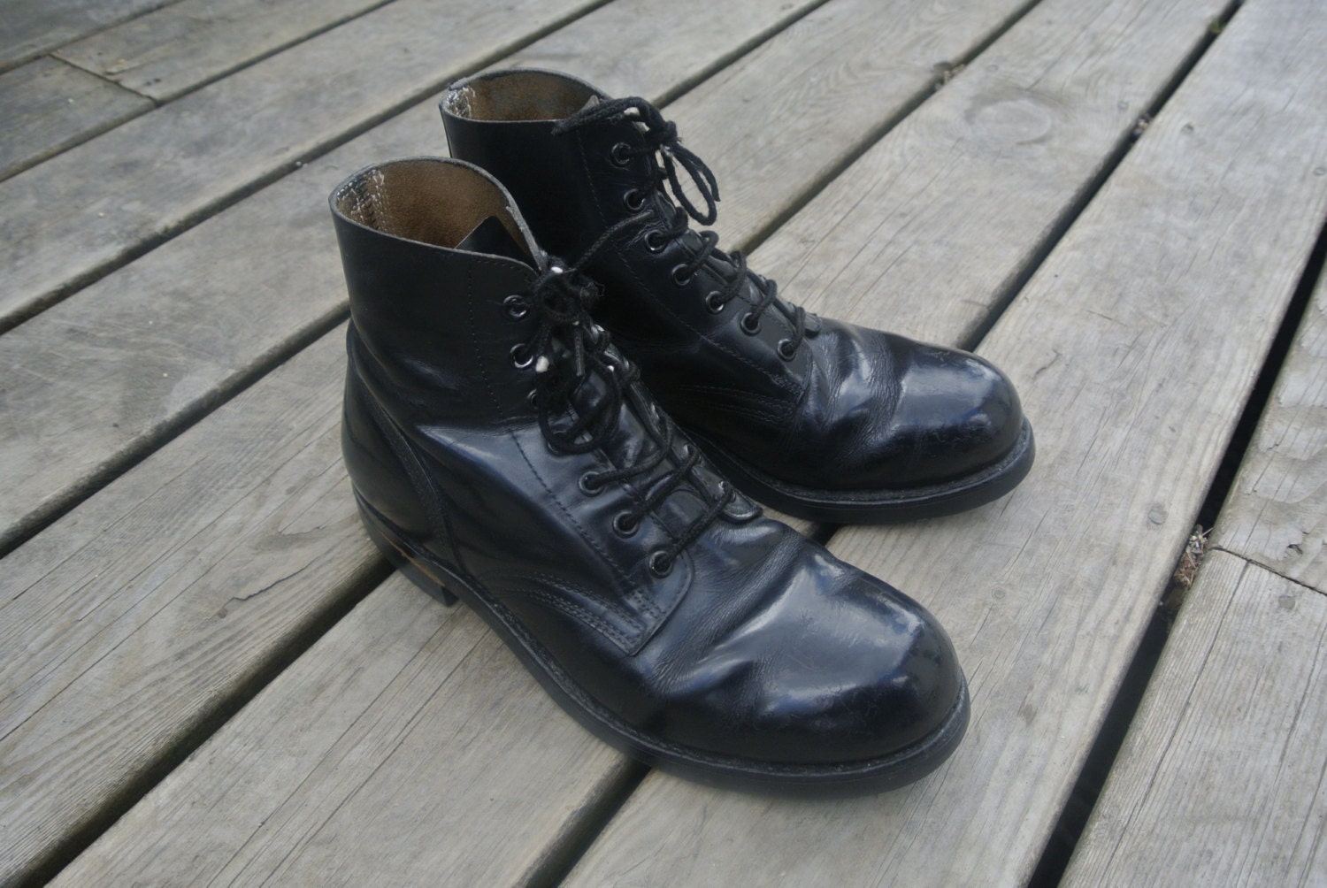 Vintage black leather steel toe military by bondstreetvintage