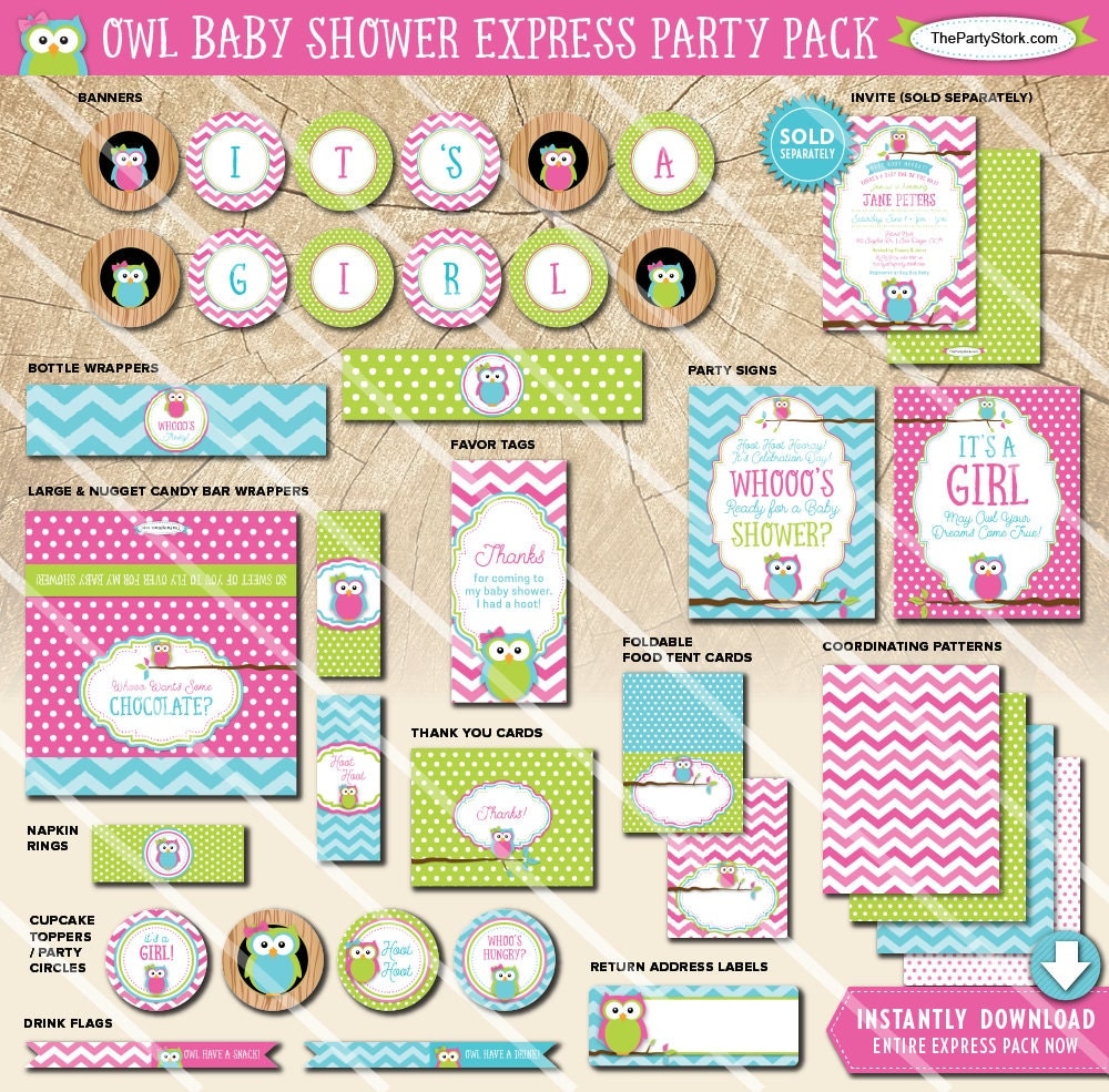 Owl Baby Shower Decorations Printable Party Package Pink