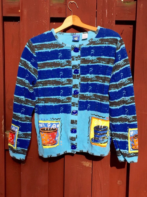 Vintage Blue Cotton Jacket with Coffee Cup by vintagepoetic