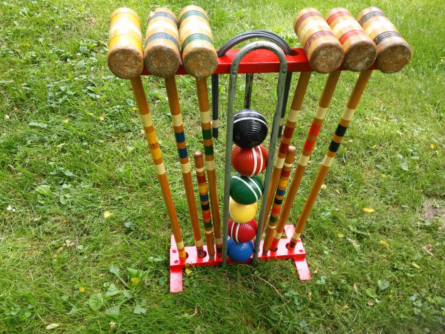 Vintage Six Player Wood Croquet Set with Red Wood Holder