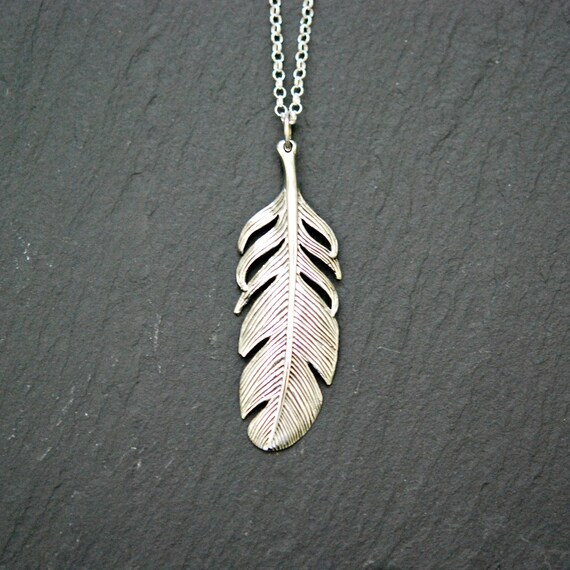 Sterling silver feather necklace bohemian jewelry large