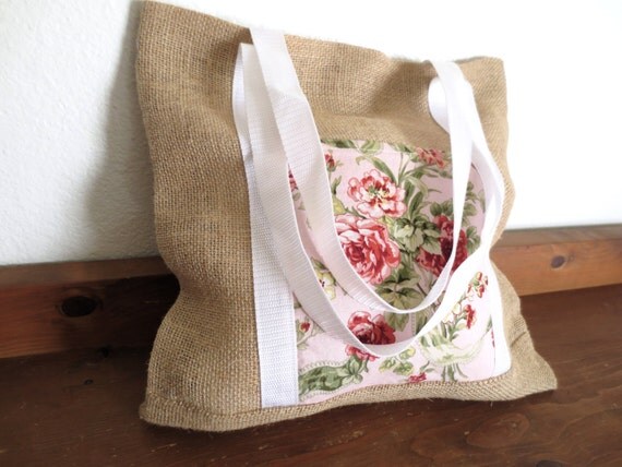 Items similar to Burlap Tote Bag, Pink Floral Pocket with White Ties on ...