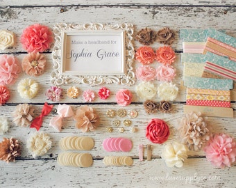 DIY Headband Making Kit Shabby Chic Burlap, Pink, Ivory, Coral - First Birthday Party - Baby Shower Headband Station - MAKES 25+ HEADBANDS!