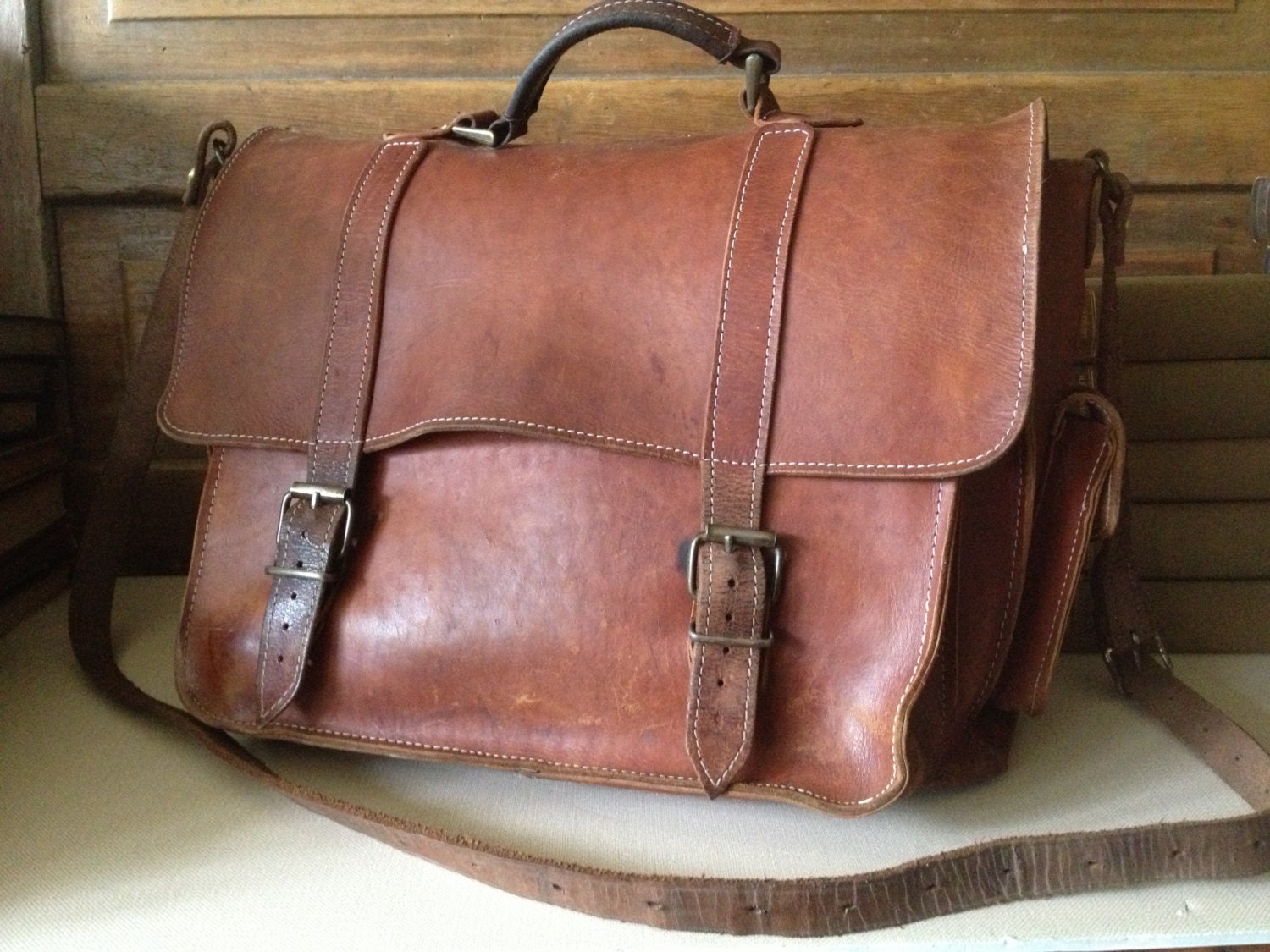 Vintage Rustic Brown Leather Saddle Bag // School Satchel