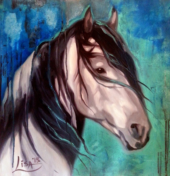 Original Oil Painting Horse Head Pop Art Blue by ArtonlineGallery