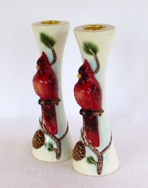 Cardinal Candle Holders Red Birds on an Evergreen Tree