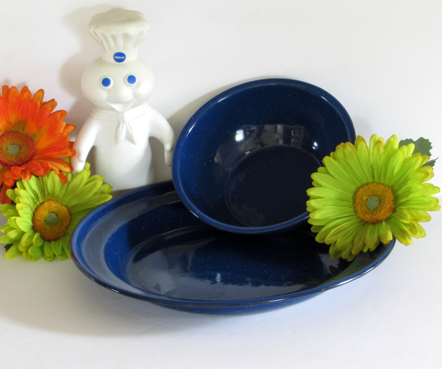 2Piece Speckled Blue Enamel Dishes Bowl Plates Vintage
