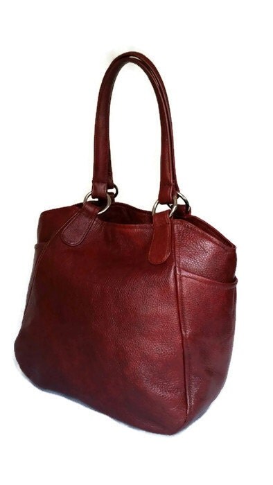 SALE Large leather tote handbag with pockets dark red by Fgalaze