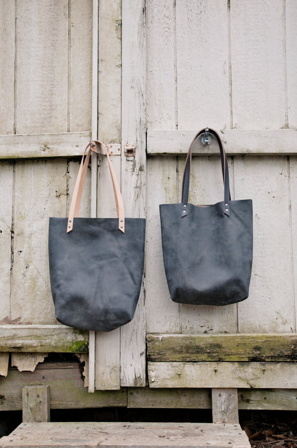 Grey Leather Tote With Dark Straps // Slim // by HawksAndDoves