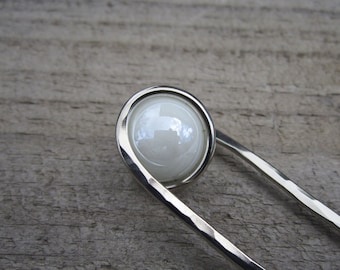 Pearl White Nickel Silver Hair Fork - Your choice of Length - Hair Pin - Haar Gabel - Long Hair Accessory - Metal Hair Fork