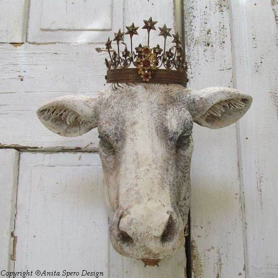 French cow head wall mount faux hand painted rustic farmhouse