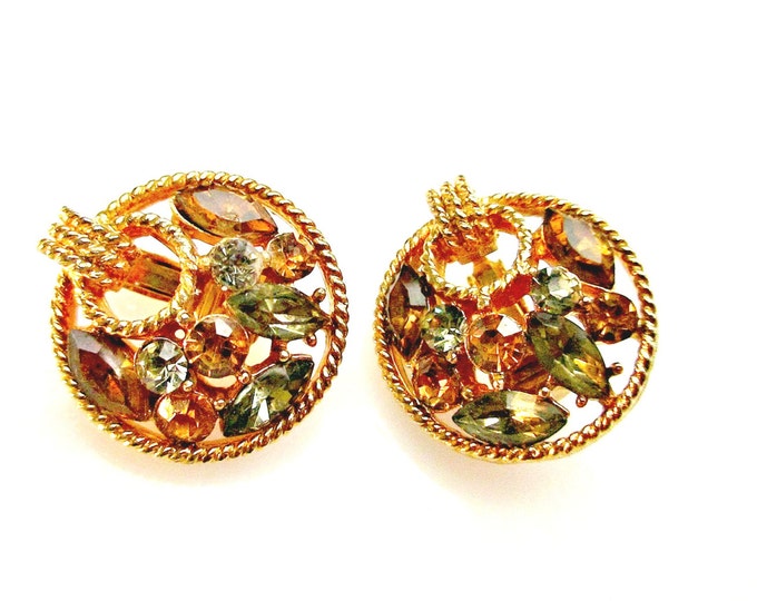 Rhinestone Brooch and earrings set - gold leaf - brown green rhinestone - Autumn Earth tone -Mid Century