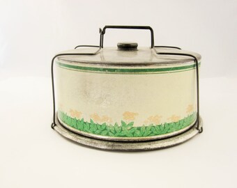 Vintage Tin Lithographed Cake Carrier With Stylized Flowers and Leaves - Spring Wire Handle - Fun - Ready to Use