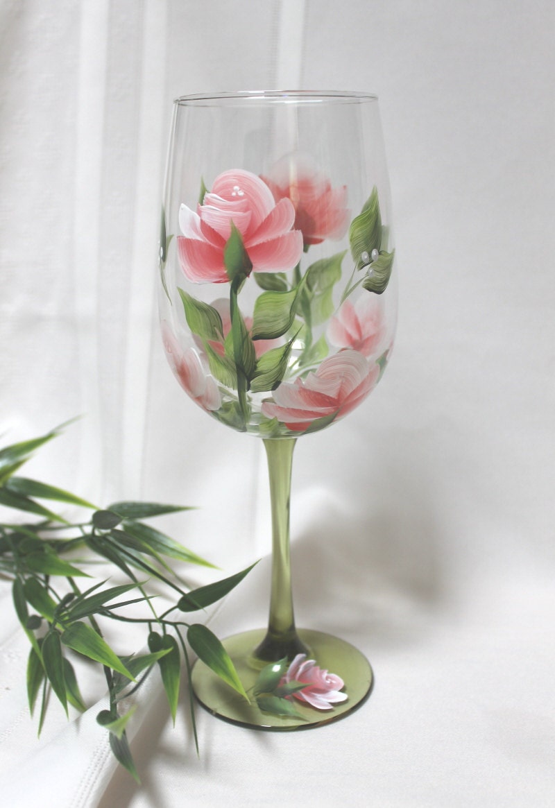 Hand Painted Wine Glasses Set of 2 Coral with Green Stem