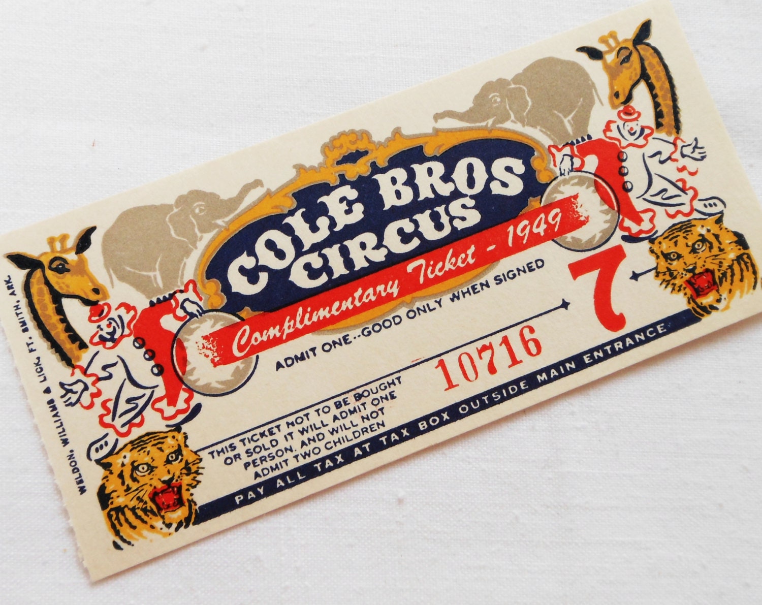 One 1 Large Vintage Circus Ticket 1 Old Illustrated Cole