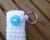 White Lip Balm Cozy w/ turquoise polka dot button, Crochet Lipbalm Holder, Chapstick Case, Summer Keyring, Party Favor, Gifts for Her