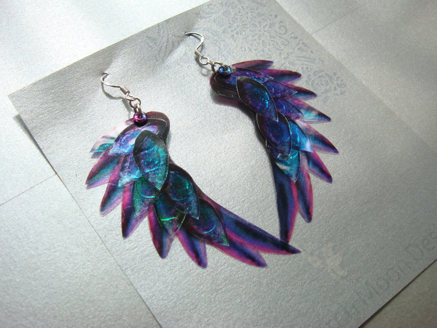 Dragon Scale Wing earrings Purple iridescent with sterling