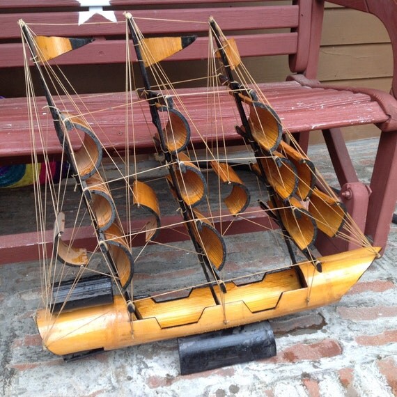 Vintage Asian Bamboo Handcrafted Ship Model 1950s