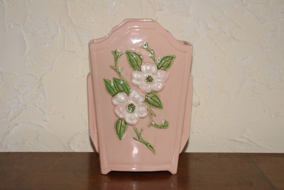 Vintage Hull Art Pottery 1940s Ceramic Vase With ROSELLA Pattern Pink Background With White Flowers