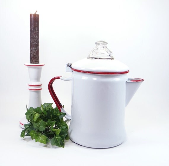 Enamel Coffee Pot Red and White Enamel Vintage by RidleysRecycling