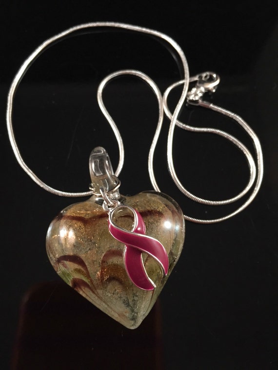 Burgundy Ribbon Glass Heart Pendant multiple Myeloma