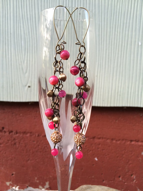 handmade fuchsia pink gold cascade dangle earrings by stacywelker