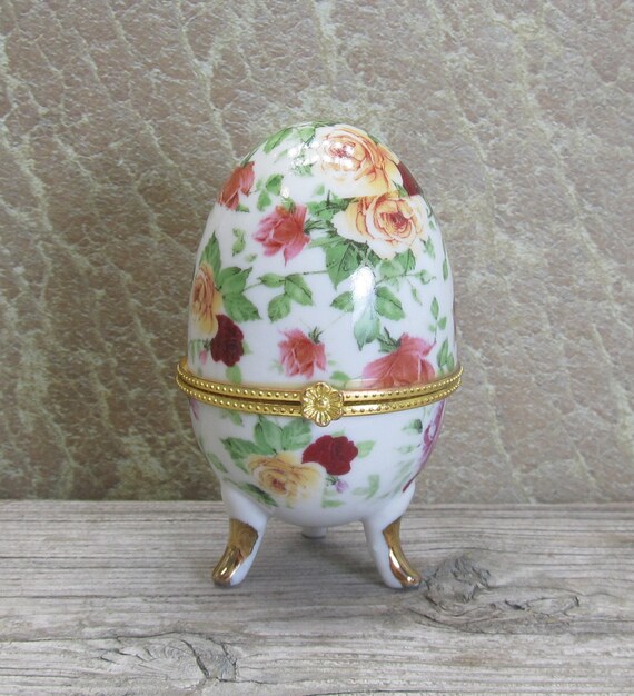 Vintage porcelain egg trinket box roses jewelry box footed