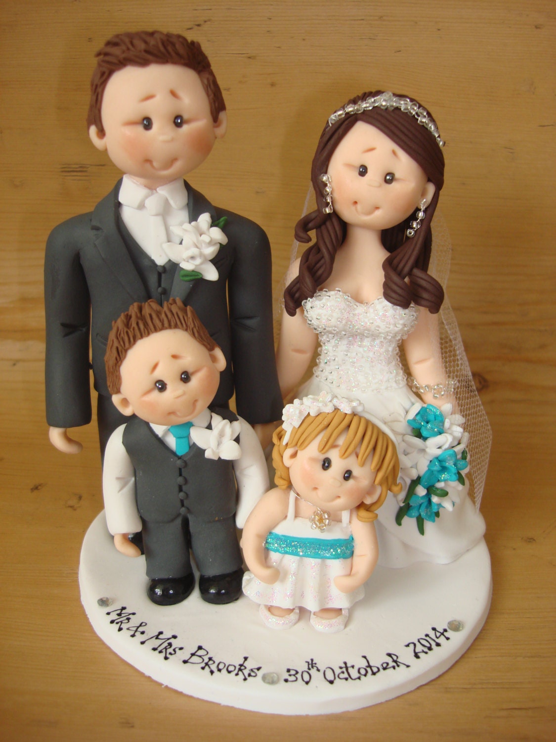  Bride  and groom  with kids wedding cake topper Custom  made