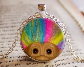 Troll Doll WITH RAINBOW Hair Pendant/Necklace Jewelry, Fine Art Necklace Jewelry, Troll Photo Jewelry Glass Pendant Gift