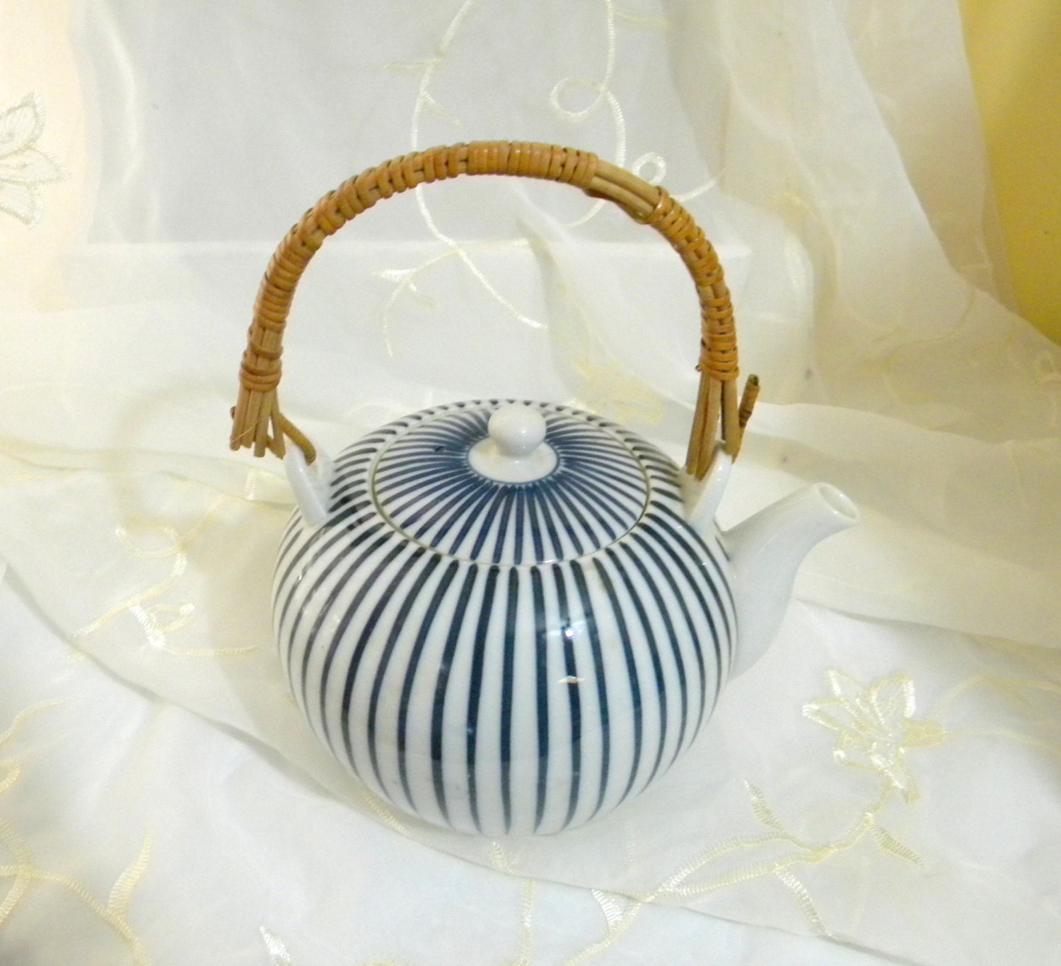 Blue and White Striped Teapot Rattan Handle Porcelain