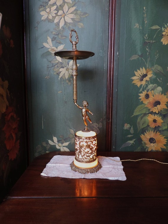 Vintage French ashtray stand floor lamp in bronze and onyx