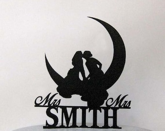 Personalized Wedding Cake Topper - Same Sex, Lesbian Kissing on the Moon Wedding with Mrs & Mrs last name