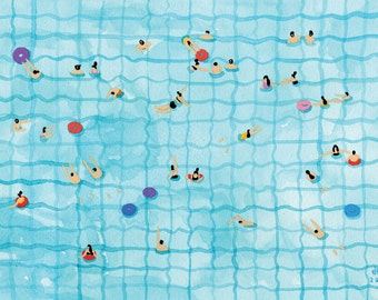Art Print of original Watercolor painting - 'Swimming pool' by Helo Birdie - Whimsical art print - swimming art print - water art print