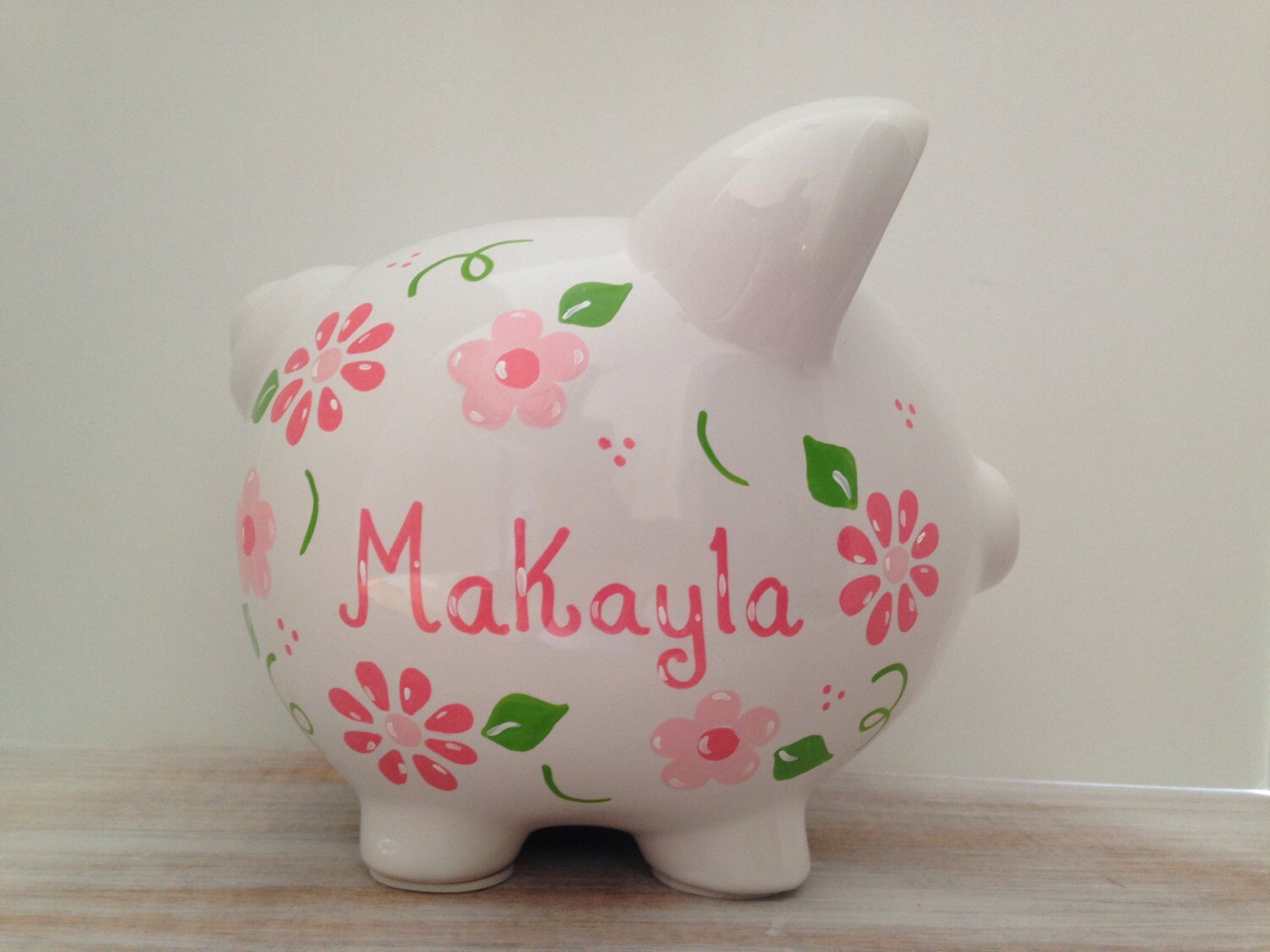 Personalized Hand Painted Piggy Bank With Flowers