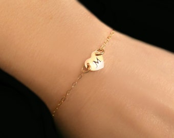 Heart Bracelet, Personalized Bracelet, Tiny Heart Jewelry, Stamped Heart Initial Bracelet, Dainty Gold Bracelet, Bracelet Gift Under 35