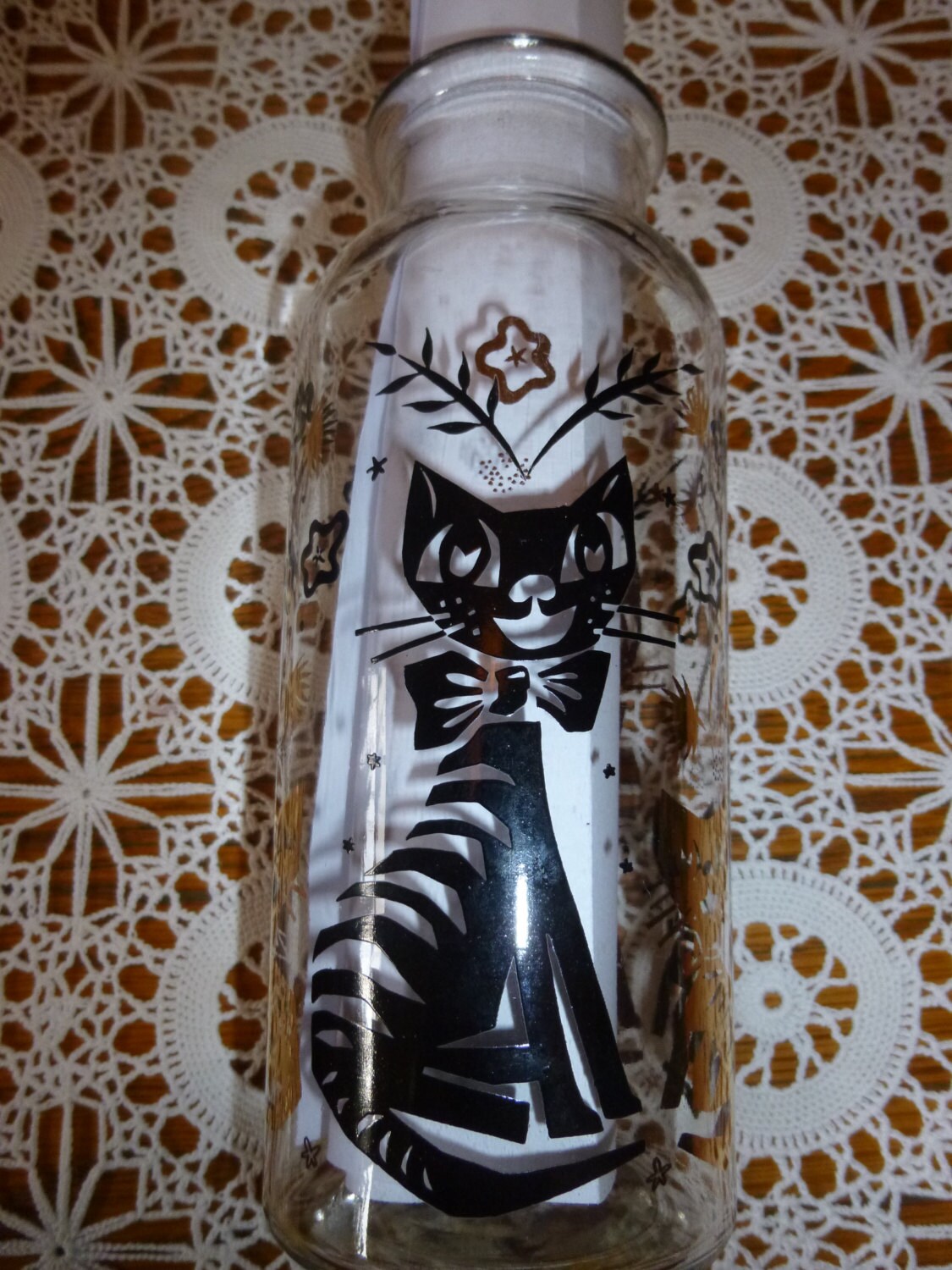 Mid Century Modern Glass Bottle with Gold and Black Cat Motif