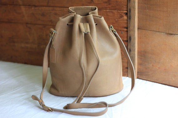 Vintage COACH Camel Tan Leather Drawstring Bucket Bag/ Coach