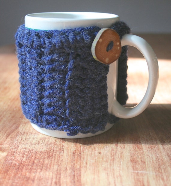 Coffee Mug Cozy Denim Blue Crocheted Mug Warmer by JudysWoodnMore