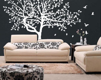 Vinyl Wall Decal Stylish Huge Tree with Falling Leafs & Birds / Nature Art Decor Home Sticker / Removable DIY Mural + Free Random Decal Gift