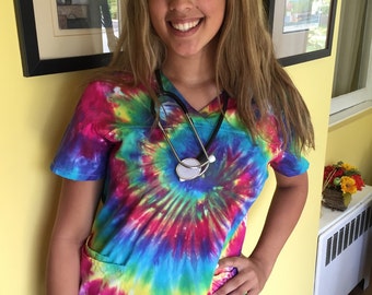 Tie dye scrub top, nurse's tie dye scrub top, hand dyed scrub tops, groovy scrub tops, tye dye scrub top