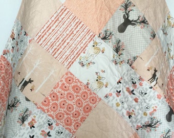 Baby Girl Quilt, Fawn, Stag, Birch Trees, Deer, Woodland, Birch Forest, Coral, Peach, Pink, Crib Bedding, Baby Bedding, Children, Blanket