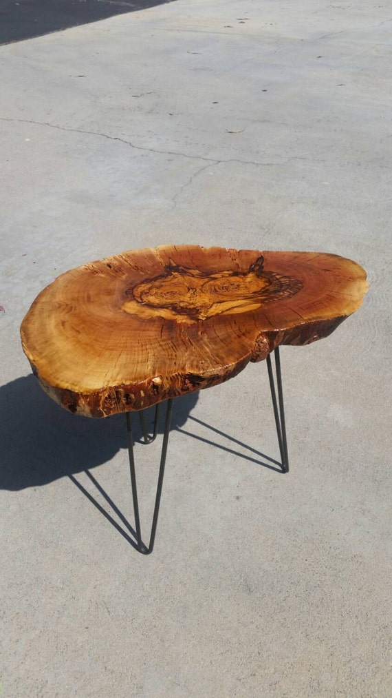 Live edge wood reclaimed side table on hairpin legs reclaimed