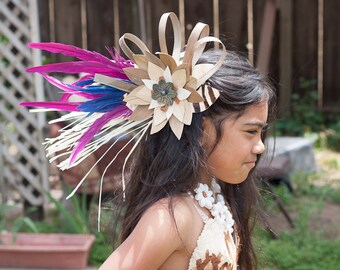 Tahitian And Cook Island Costume Set..Tapa Cloth, Hau Grass With Feathers Hip Hei And Lauhala With Tapa Cloth Hair Clip.