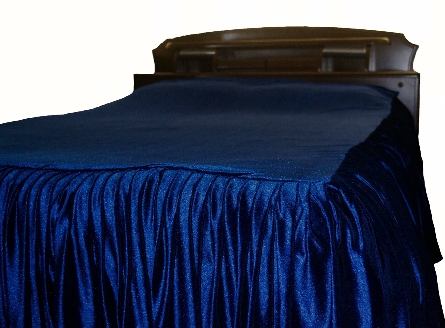 Navy blue velvet ruffle bed spread Couture bed linen in luxe