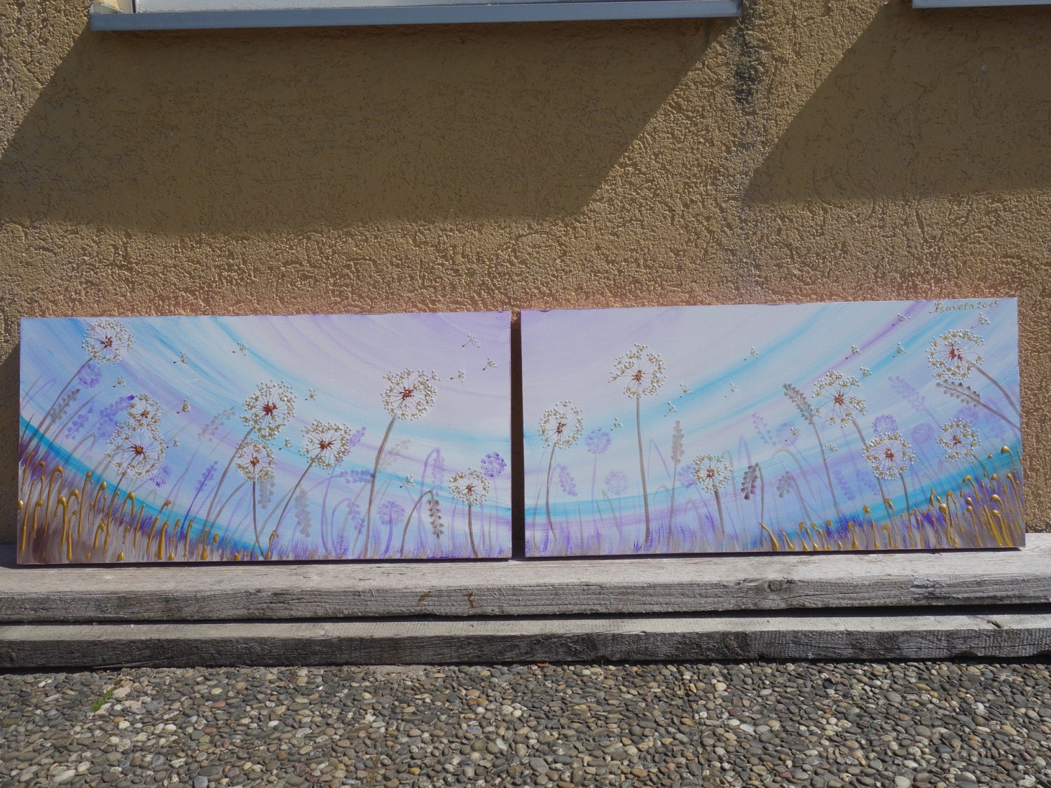 DANDELION wall Art Landscape Long Blue Floral by KsaveraART