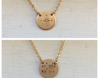 Compass necklace, coordinates, metal stamped, personalized, coin disc necklace, bridesmaid gift, long distance relationship, graduation gift