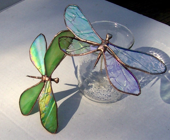 2 Stained Glass Dragonflies Dragonfly Plant Stakes Garden
