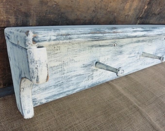 32" Navy & White Weathered WOOD Wall SHELF with Pegs ~ Towel Rack ~ Distressed Beach Nautical Cabin Kitchen Shabby Chic Farmhouse Decor